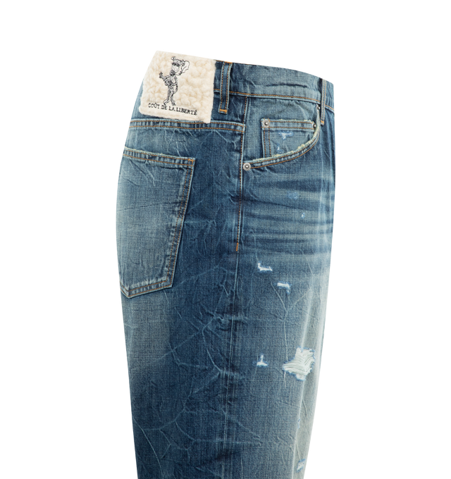 Image 3 of 3 - BLUE - COUT DE LA LIBERTE Zander Cirspy Denim Baggy Short featuring button front closure, 5 pocket styling, distressed throughout and wide leg. 100% cotton. Made In USA. 
