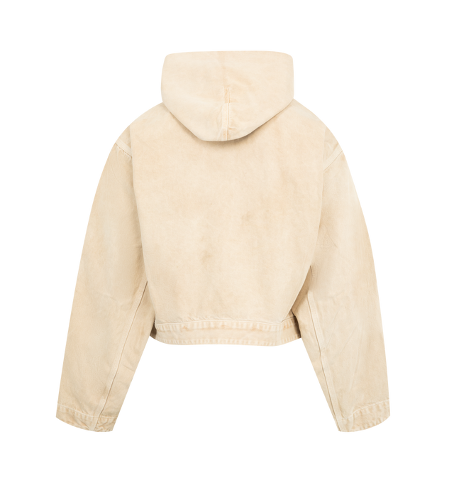 Image 2 of 4 - NEUTRAL - BALENCIAGA Cropped Hooded Workwear Jacket featuring organic cotton denim, hood, front zipper and snap closure and 2 zipped patch pockets at front. 100% cotton. Made in Italy.