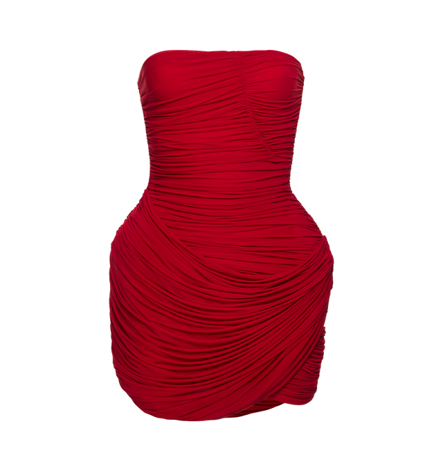 Image 1 of 2 - RED - MAGDA BUTRYM Strapless Ruched Floral Mini Dress featuring ruching along the sides for a dramatic silhouette, hip area is accentuated with exaggerated padding and additional draped overlays, the bodice is elasticated for support with an inner bodysuit for a secure fit. 92% cupro, 8% elastane.