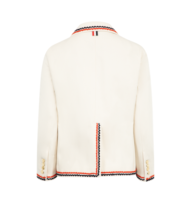 Image 2 of 2 - WHITE - THOM BROWNE Selvedge Denim Cropped Sack Sportcoat featuring scalloped stitching, gold front button closure, 3 front patch pockets, buttoned cuffs with signature striped grosgrain trim, interior pockets with name tag, signature striped grosgrain loop tab and fit 2. 100% cotton. Lining: 100% cupro. Made in Italy.