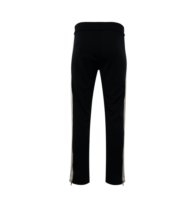 Image 2 of 3 - BLACK - PALM ANGELS Monogram Track Pants featuring elasticized waistband, two-pocket styling, logo embroidered at front, pinched seams at front, zip vent at cuffs and striped trim at outseams. 100% recycled polyester. Made in Italy. 