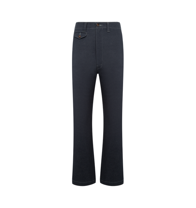 Image 1 of 3 - BLUE - JUNYA WATANABE Flared Jeans featuring button waist, zip fly, high rise, adjustable tab at back, belt loops at waist and flare hem. 100% cotton. Made in Japan.