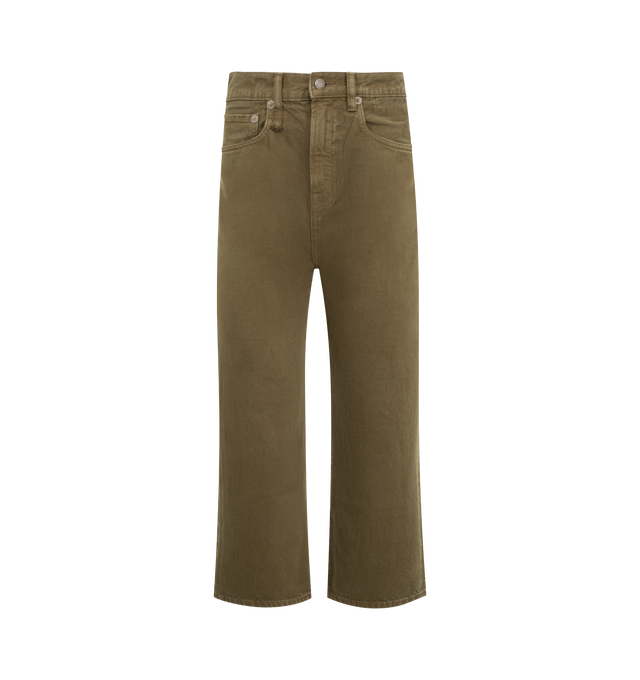 Image 1 of 3 - GREEN - R13 Tailored Drop Jeans featuring loose-fit, belt loops, five-pocket styling, button fly, leather logo patch at back waistband and cropped fit. 100% cotton. Made in Italy.