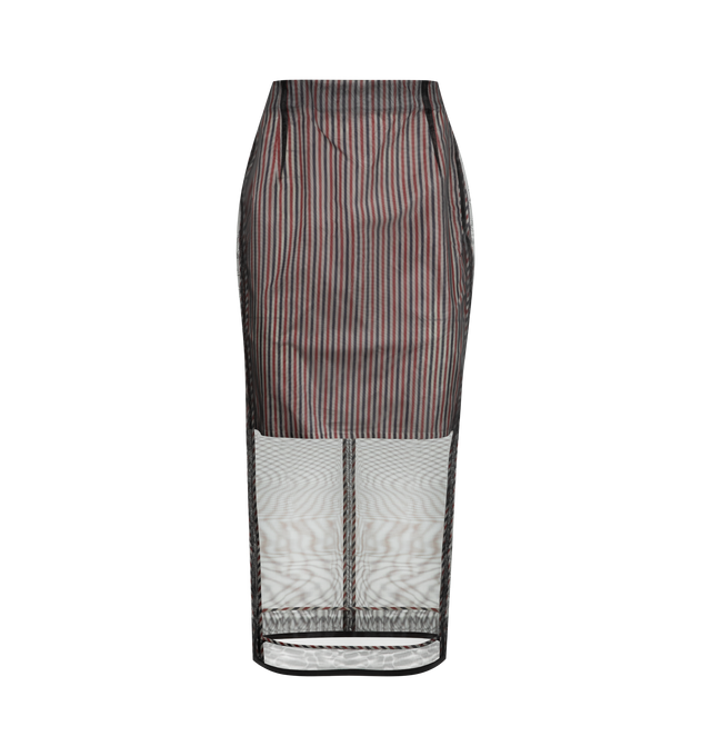 Image 1 of 2 - BLACK - THOM BROWNE Silk Organza Pencil Skirt featuring sheer fabric over tricolor striped lining, high waist, side zip closure, buttoned backstrap with signature striped grosgrain trim, visible tricolor stripe lining and signature striped grosgrain loop tab. 100% silk. 100% polyamide. Lining: 100% cupro. Made in Italy.