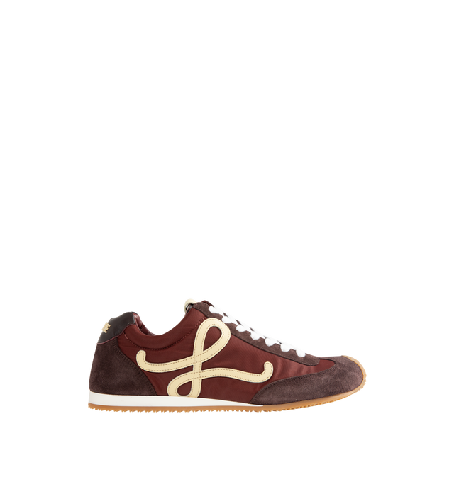 Image 1 of 5 - BROWN - LOEWE Ballet Runner 2.0 Sneaker in suede and nylon featuring an asymmetrical toe shape, a sock-like internal structure, a lightweight rubber outsole that extends to the toe cap, 20mm heel, L monogram at the side, embossed Anagram on the tongue and injected rubber LOEWE on the calfskin heel tab. Nylon/suede. Made in Italy.