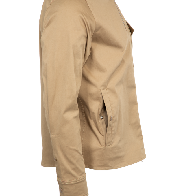 Image 3 of 4 - BROWN - MONCLER Zip Up Work Shirt featuring long sleeves, zip up front closure, collar, snap closure side pockets, snap closure chest flap pocket and logo.  
