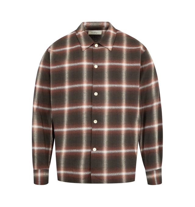 Image 1 of 2 - RED - SECOND LAYER Logan Ombre Long Sleeve Shirt featuring a relaxed, oversized fit with a classic collar, button cuffs, front button closure, vintage pearl buttons and tonal pin stitching along the collar and cuffs. 100% cotton. Made in Japan.