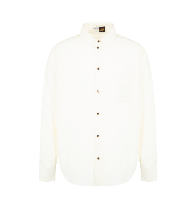 Image 1 of 2 - WHITE - LOEWE PAULA'S IBIZA Shirt in lightweight textured fluid lyocell featuring relaxed fit, regular length, classic collar, button front fastening, buttoned cuffs, chest patch pocket and anagram crafty embroidery placed on the chest pocket. Lyocell. Made in Italy.