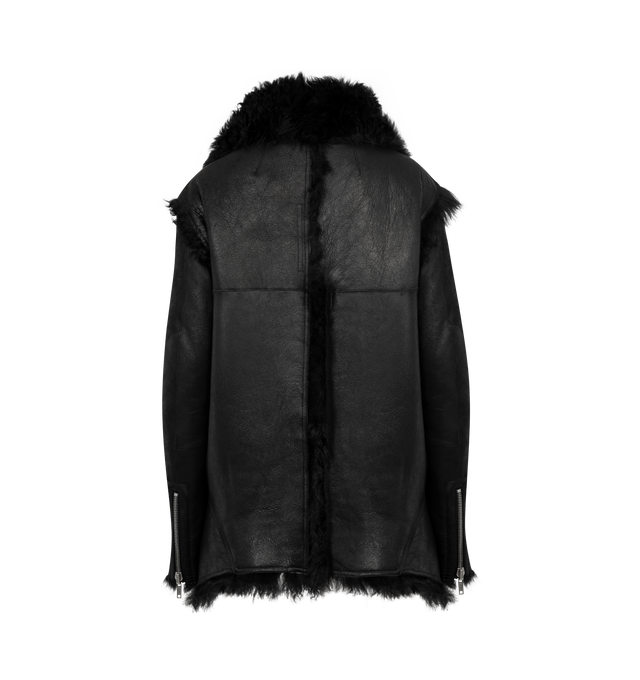 Image 2 of 3 - BLACK - RICK OWENS Exploder Jacket featuring used-effect worked leather, shearling lining, adjustable high collar as a collar on the shoulders, front zip closure, pockets, long sleeves with zip on the cuffs and asymmetrical hem. 87% wool 10% nylon 3% elastane. Made in Moldova.