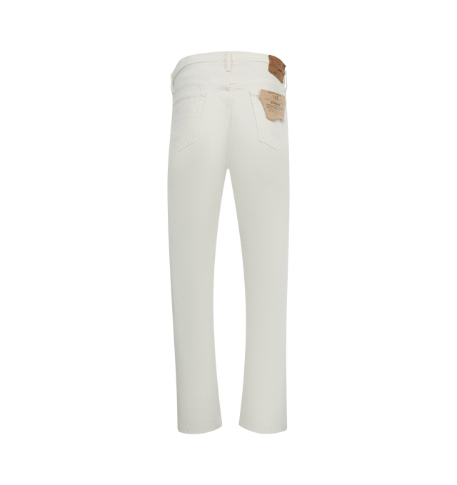 Image 2 of 3 - WHITE - ORSLOW 105 90's Denim featuring a medium rise, slightly boxy through the top block, a straight leg, standard 5 pockets, white stitching, button fly, and aged copper rivets. 100% cotton. Made in Japan.