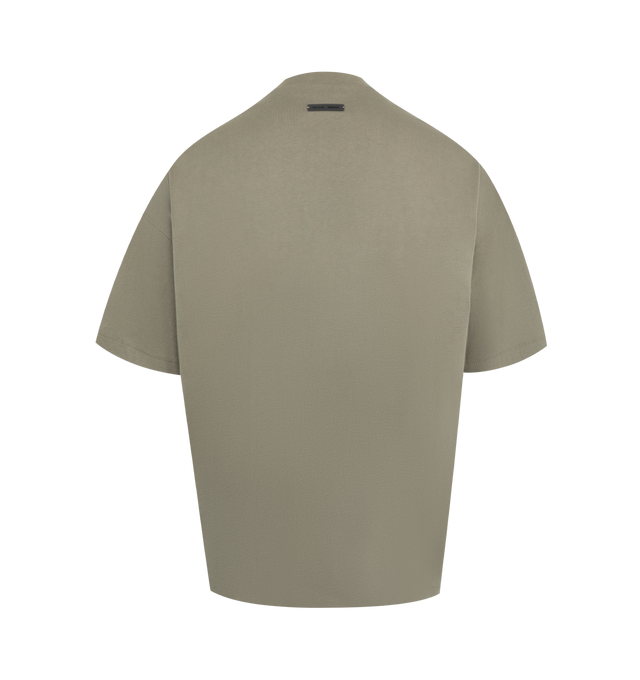 Image 2 of 2 - GREEN - FEAR OF GOD ESSENTIALS 90's Fit Tee featuring rib-knit crewneck, short sleeves, logo printed at chest, dropped shoulders and rubber logo patch at back collar 100% cotton.