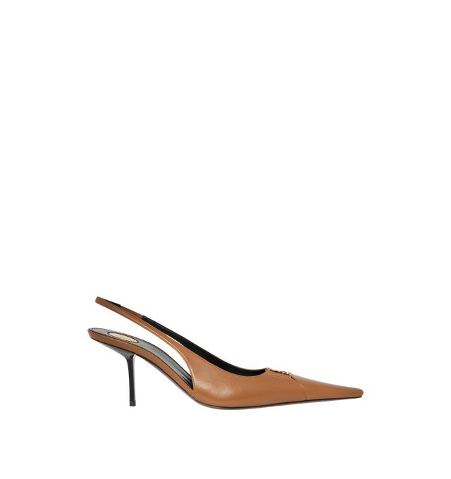 Image 1 of 4 - BROWN - Saint Laurent Womens Slingback Pumps are crafted from lambskin leather. Feature a cut-out elongated toe with signature Cassandre hardware, elasticized slingback strap, low stiletto heel, leather sole, and engraved Saint Laurent insole plaque. Main Material: Lambskin Leather; Hardware: Brass; Sole: Leather. Heel Height: 7.5 CM / 3 Inches Made in Italy.