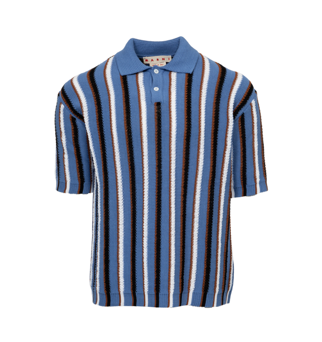 Image 1 of 3 - BLUE - MARNI Vertical Striped Knit Polo Shirt featuring spread collar, two-button placket, short sleeves, regular fit, ribbed cuffs and waistband and pullover style. 100% cotton. Made in Italy. 