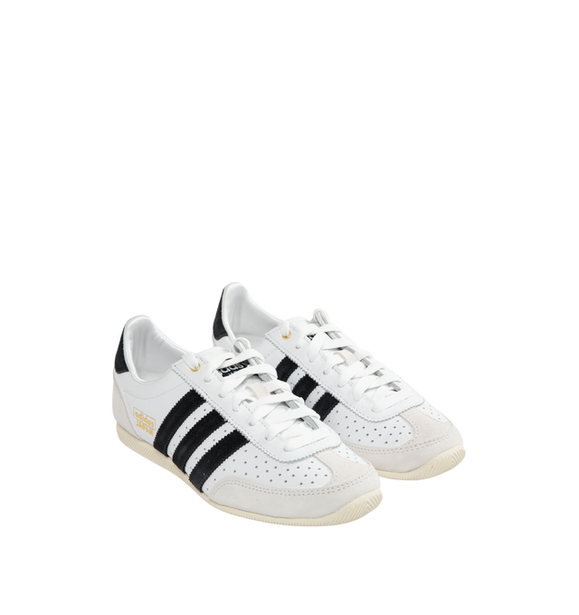 Image 2 of 5 - WHITE - Adidas Japan Sneakers are a lace-up style with leather uppers, EVA midsoles, molded heels, low-profie design, double-stitched T-toes and rubber gum soles.  Reissued vitage design from a 1964 trainer that appeared in a catalog for that year's global sporting event held in Japan. Unisex style in men's sizing.