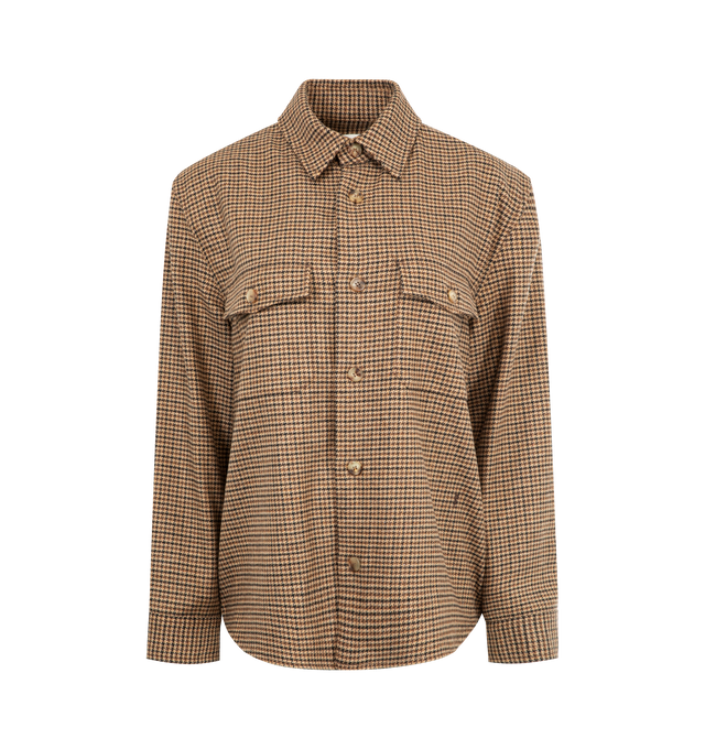 Image 1 of 2 - BROWN - SAINT LAURENT Overshirt in puppy tooth featuring buttoned front closure, a pointed collar, flap pockets at the chest, one-button cuffs and logo embroidery at the hip. 37% acrylic pc, 30% wool, 23% polyester, 5% polyamide, 3% other fibers, 2% silk. Made in Italy.