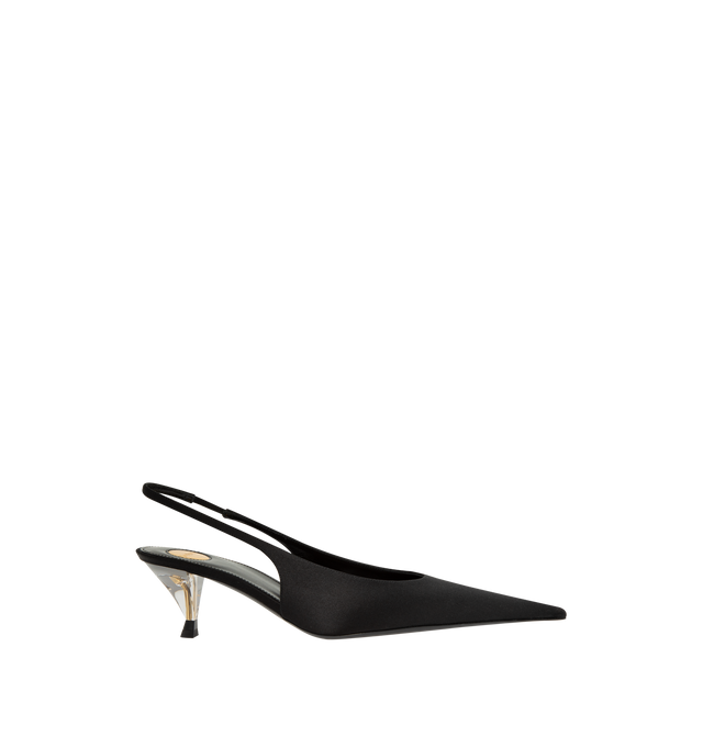 Image 1 of 4 - BLACK - Saint Laurent Women's Fanny Slingback Pumps are crafted from certified viscose and certified silk and feature a translucent silhouette with a pointed cap toe and a Plexiglas kitten heel embedded with the signature bronze-tone CASSANDRE. Designed with an elasticized slingback strap, the elegant pair is finished with a leather sole and a round Saint Laurent-engraved metal plaque at the insole. Main Material: Certified Viscose, Certified Silk. Sole: Leather. Closure: Elasticized Slingbac