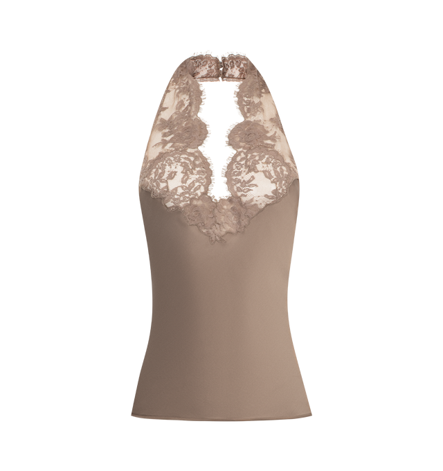 Image 1 of 2 - BROWN - SAINT LAURENT Halter Top featuring V neckline with scalloped lace dcollet, button closure at the back neck and backless. 100% silk.
