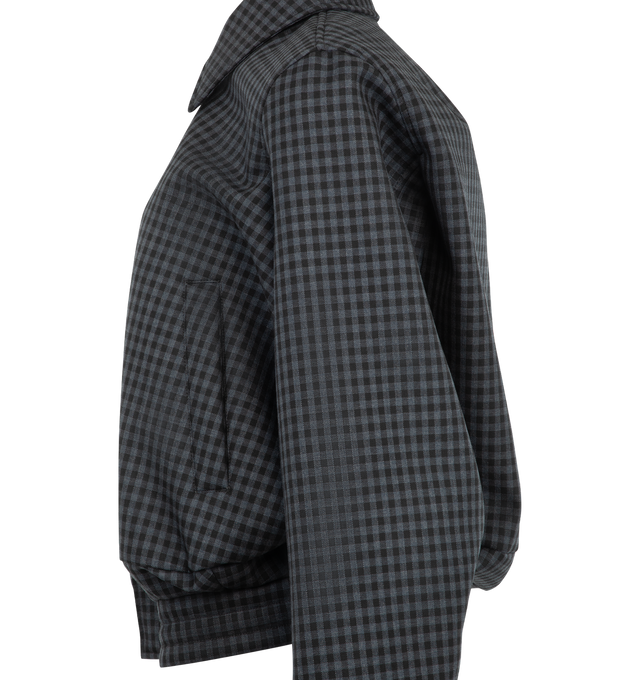 Image 3 of 3 - BLACK - Loewe Women's Drawstring Jacket is crafted from wool and features an allover check pattern, an elasticated waist with drawstring, and a relaxed fit. Designed with a classic collar, a concealed snap-button and zip front fastening, press-stud cuffs, buttoned welt pockets at the front, and inside welt pockets, this fully lined style is finished with a leather patch embossed with LOEWE lettering at the back. Main Material: 100% Wool. Fully Lined. Made in Italy.
