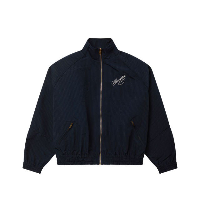 Image 1 of 3 - BLUE - WILLY CHAVARRIA Ruff Rider Jacket featuring a stand collar, elasticated edges, zip front, zip front pockets and logo on chest. 63% polyester, 37% viscose.
