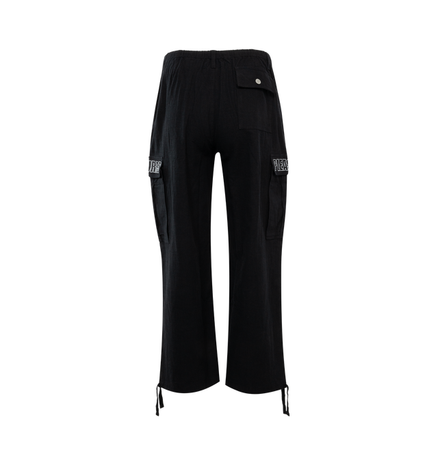 Image 2 of 3 - BLACK - PLEASURES Visitor Wide Cargo Pants featuring adjustable ties at leg opening, heavyweight faux linen, knee darts, cargo pockets, PLEASURES logo embroidery on cargo pockets and oversized fit. 85% ramie, 15% cotton. 