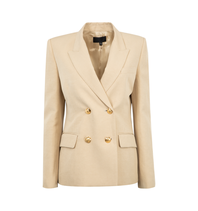 Image 1 of 2 - NEUTRAL - Nili Lotan Veda classic, straight fit double breasted jacket. Signature crest buttons in antique gold brass. Chest pocket. Single interior chest pocket. Soft constructed shoulder pads. Fitted shoulder. Standard sleeve length. Back vent. Fully lined. 59% Linen, 41% Silk. Made in USA.