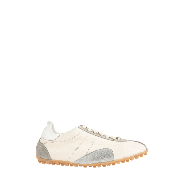 Image 1 of 5 - WHITE - MAISON MARGIELA Sprinters Sneaker featuring layered construction in calfskin, tripon leather, and hairy sued, tonal contrasts, studded rubber sole, numeric logo on tongue, code 22 at the outsole and four stitches at the back. Made in Italy