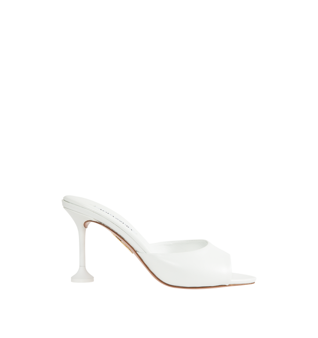 Image 1 of 4 - WHITE - AQUAZZURA Bisous Mule 85 featuring slip-on style, mid heel, padded leather insole and signature logo detailing. 85 mm heel. Nappa leather. Made in Italy.