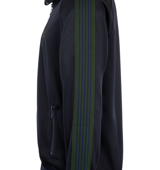 Image 3 of 3 - NAVY - Needles Men's Track Jacket is crafted from smooth polyester jersey and features the brand's signature Papillon embroidery, a front zip closure, and a relaxed-fit silhouette. Designed with excellent stretch and breathability, this sportswear-inspired style is finished with zip pockets for everyday functionality. Main Material: 100% Polyester. Made in Japan.