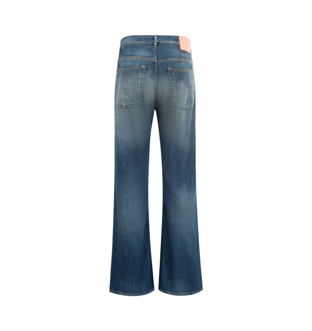 Image 2 of 3 - BLUE - ACNE STUDIOS Jeans featuring regular fit, mid waist, wide straight leg with a slight flare, long length, paint marks, holes, and dirt effects. 100% cotton.