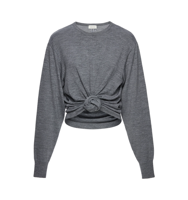 Image 1 of 2 - GREY - MAGDA BUTRYM Knotted Long Sleeve Shirt featuring lightweight wool longsleeve with a gathered front with a central knot detail at the waist, detachable shoulder pads for adjustable structure and a subtle logo embroidered on the back yoke. 100% wool.