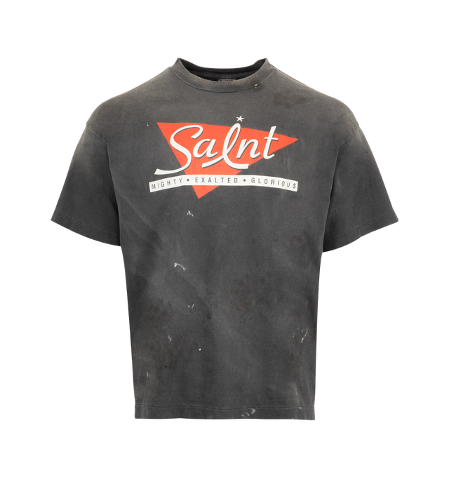 Image 1 of 2 - BLACK - SAINT MICHAEL Mighty Saint T-shirt featuring a worn-in and distressed design, ribbed crewneck, short sleeves and front graphic print. 100% cotton. Made in Japan.