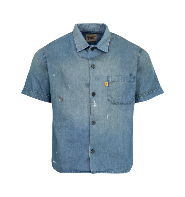 Image 1 of 2 - BLUE - GALLERY DEPT. Bartz Shirt featuring short sleeve chambray button-up shirt, boxy, relaxed fit, 'SPORT ELEGANT' embroidered on the back and front pocket. 100% cotton. Made in USA.