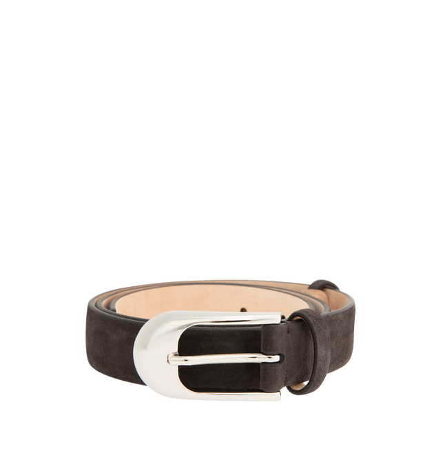 Image 1 of 2 - BROWN - KHAITE Dome Silver 25 Belt featuring smooth calf leather belt with polished silver-tone hardware and adjustable buckle closure. Buckle measures approx 4" W x 2.6" H. Made in Italy.