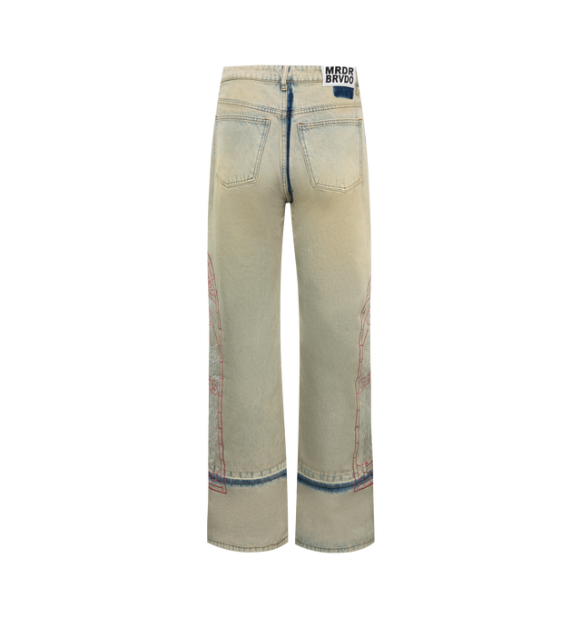 Image 2 of 3 - BLUE - WHO DECIDES WAR Embroidered Jeans featuring non-stretch denim, fading throughout, paneled construction, belt loops, five-pocket styling, zip-fly, logo graphic embroidered at outseams, leather logo patch at back waistband and contrast stitching in tan and pink. 100% cotton. Made in China. 