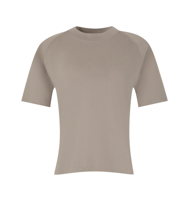 Image 1 of 2 - NEUTRAL - Fear of God Essentials Womens Shrunken Baseball Tee is crafted from lightweight tri-blend jersey. Features a slim cropped fit, rib-knit crew neckline, raglan short sleeves, and signature Essentials label at the back collar. Main Material: 53% Cotton, 40% Polyester, 7% Rayon.