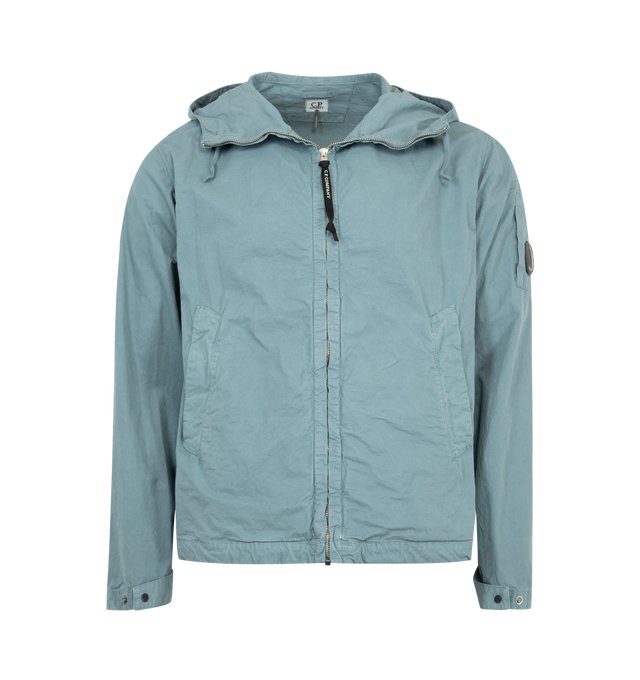 Image 1 of 3 - BLUE - CP COMPANY Microreps Hooded Jacket featuring zip fastening at front, regular fit, high-neck, drawstring hood, long sleeves, branded lens patch at sleeve, buttoned cuffs, two welt pockets at front and drawstring hem. 100% cotton.