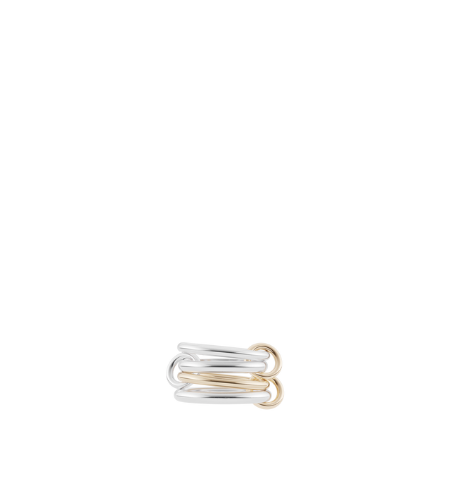 Image 1 of 1 - SILVER - Spinelli Kilcollin Cancer ring emphasizes fluidity of motion and balance with a multi-gauged design of full and half round bands. Featuring mixtures of 18k yellow and rose gold, sterling silver and pav white diamonds, the Cancer can be worn stacked or across multiple fingers for a magnificent display of interlocked bands. Each Cancer is individually handmade in Los Angeles. Bands: .925 sterling silver and 18k yellow gold, 2.3mm gauge .925 sterling silver band, 2.7mm .925 sterling sil