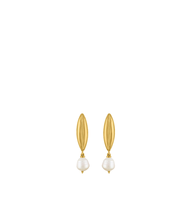 Image 1 of 2 - GOLD - Prounis South Sea Pearl Drop Earrings are handcrafted from 22K yellow gold and feature elongated laurel leaf-inspired silhouettes accented with South Sea pearls. Dimensions: 50 mm x 10 mm. Handmade in New York. For personal consultation and detailed information about jewelry, please contact our dedicated stylist team at personalshopping@hirshleifers.com.This item may be restricted for online purchase to international clients. For assistance purchasing this item please contact our dedic