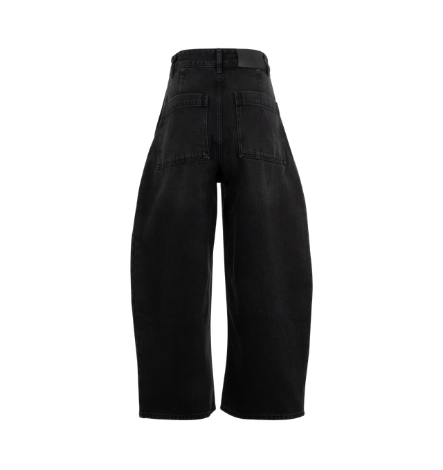 Image 2 of 3 - BLACK - Studio Nicholson Chalco Denim Pants are cut wide and cropped, with a curved leg and dropped crotch, constructed from a recycled denim thats been garment dyed for a soft, easy-wearing finish. Featuring button waist, belt loops, side slash pockets and back patch pockets. 71% Cotton, 16% Reused Cotton, 13% Recycled Polyester.