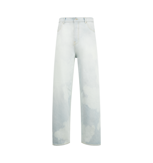 Image 1 of 3 - BLUE - LE PERE Wide Leg Denim featuring a cloud-like wash that mimics a painted sky, cut in a contemporary wide-leg fit, five-pocket style, button zip closure and belt loops on waist. Made in Italy.