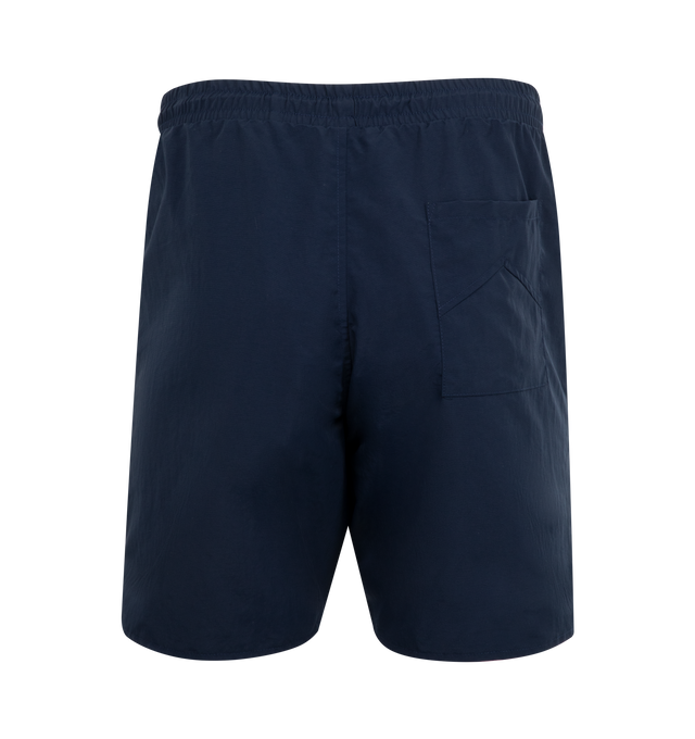 Image 2 of 3 - NAVY - RHUDE Logo Short featuring premium washed nylon short with logo print across front legs, twin zipper pockets with matching tonal Rhude Pill hardware and extended drawstrings. 100% nylon.