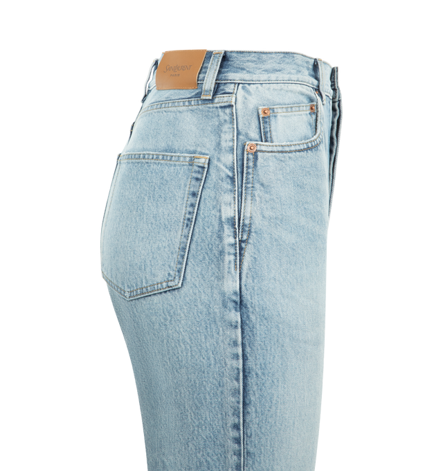 Image 3 of 3 - BLUE - Saint Laurent 90's high-rise cropped slim jeans with a cropped leg, button fly, five-pocket style, waistband with belt loops and Saint Laurent Paris embossed leather jacron. 100% cotton. Made in Japan.
