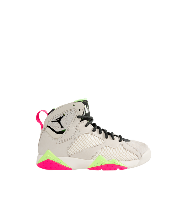 Image 1 of 5 - MULTI - Air Jordan 7 Retro "Tennis Day" Sneakers feature a Phantom upper with Lime Blast, Pink Blast, and Anthracite accents inspired by Nike's Challenge Court era. Leather, synthetic leather, suede, and breathable textiles combine throughout the mid-cut design, while a heel pull tab, foam midsole with full-length Nike Air cushioning, and grippy rubber outsole complete the construction. Upper: Leather, Synthetic Leather, Suede, and Textile. Midsole: Foam. Sole: Rubber. Made in mens sizing.