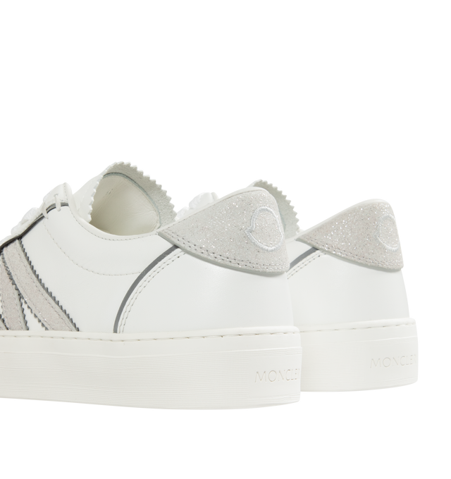 Image 3 of 5 - WHITE - MONCLER Monaco2 Leather & Glitter Sneakers featuring calf leather, reflective fabric and glitter split leather upper, mesh and leather insole, rubber sole, lace-up closure and glitter split leather monogram patch. Sole height 3 cm. Leather. Lining: 100% polyamide/nylon. Sole: 100% elastodiene.