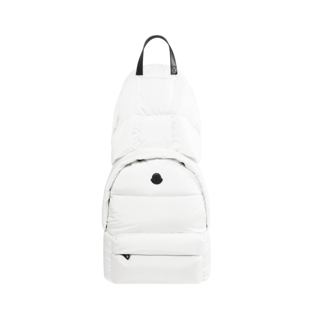 Image 1 of 4 - WHITE - MONCLER Caradoc Water-Repellent Backpack featuring nylon technique lining, calf leather trim, down-filled, detachable hood, adjustable shoulder straps, smooth calf leather handle, zipper closure and zipped pockets. L 30 cm X H 43 cm X D 14 cm. 100% polyamide/nylon. Padding: 90% down, 10% feather.