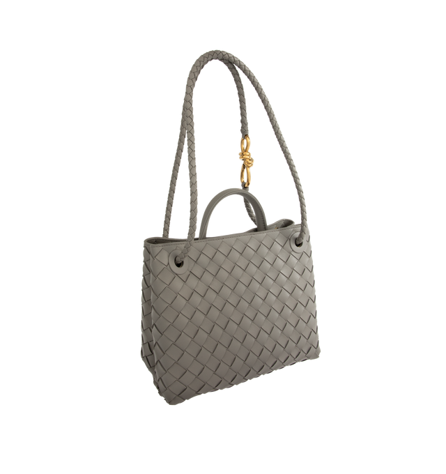Image 2 of 4 - GREY - Bottega Veneta small Andiamo handbag featuring intrecciato leather with leather top handle, sliding cross-body strap, compartmented interior with one zippered pocket, two open pockets and magnetic closure. 7.9" x 9.8" x 3.9". 100% lambskin. Made in Italy.