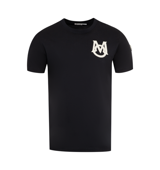 Image 1 of 3 - NAVY - MONCLER Monogram Cotton T-Shirt featuring cotton jersey, crew neck, short sleeves and monogram patch. 100% cotton.