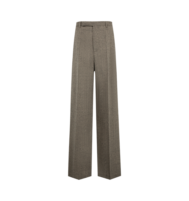 Image 1 of 3 - NEUTRAL - Rick Owens Womens Wide Tailored Pants are crafted from lightweight cashmere. Feature a full-length wide-leg silhouette, tailored wrap waistband, concealed fly, belt loops, side seam pockets, rear buttoned jet pockets, and pressed front and back creases. Main Material: 100% Cashmere. Made in Italy.