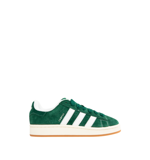 Image 1 of 5 - GREEN - Adidas Campus 00's shoes in an iconic silhouette updated in modern materials, colors and proportions. Featiring a premium leather upper lined with soft textile terry fabric, off-white midsole, rubber outsole and lace closure. Unisex style in men's sizes.