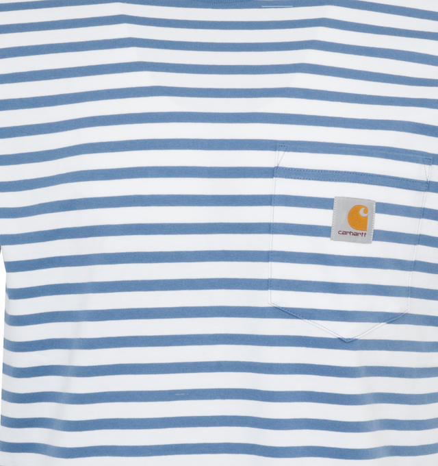 Image 2 of 2 - BLUE - CARHARTT WIP Seidler Stripe Logo Pocket T-Shirt featuring small logo patch, stripes throughout, crewneck and short sleeves. 100% cotton. 
